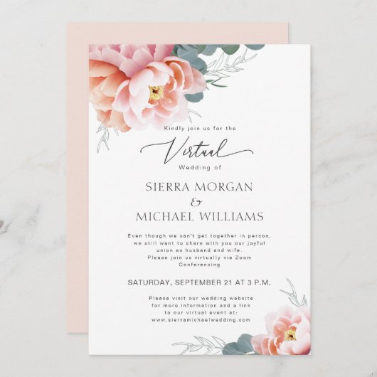 Invitation Mariage Virtuel Floral Rose Peach Peony (Devant / Derrière)