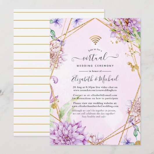 Invitation Mariage virtuel géométrique Floral rose et or (Devant / Derrière)