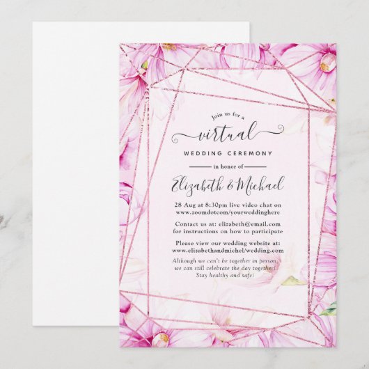 Invitation Mariage virtuel géométrique rose or et rose Floral (Devant / Derrière)