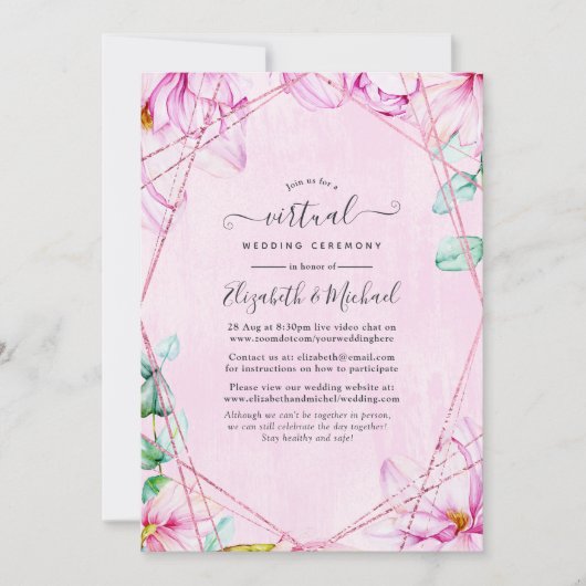Invitation Mariage virtuel géométrique rose or et rose Floral (Devant)