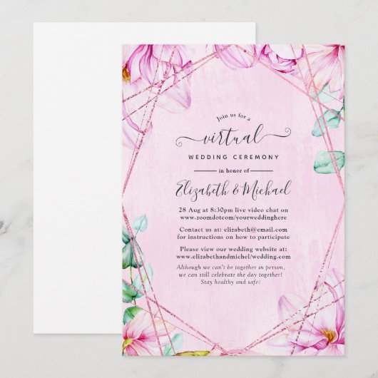Invitation Mariage virtuel géométrique rose or et rose Floral (Devant / Derrière)