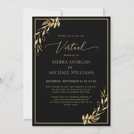 Invitation Mariage virtuel moderne Chic Golden Foliage noir (Devant)