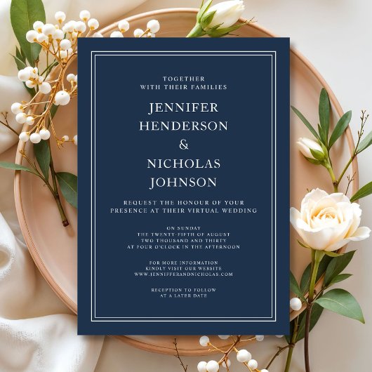 Invitation Mariage Virtuel Moderne Élégant Classique Bleu Nui