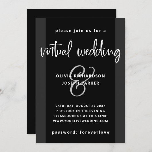 Invitation Mariage virtuel moderne| Noir et blanc de charbon  (Devant / Derrière)