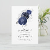 Invitation Mariage Virtuel Rustique Navy et Fleurs d'Argent (Debout devant)