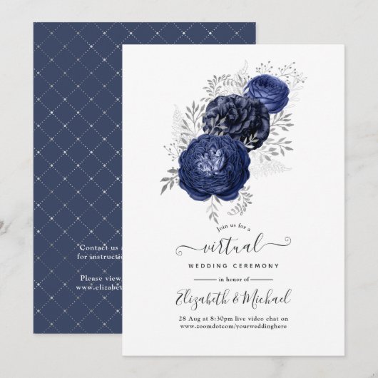 Invitation Mariage Virtuel Rustique Navy et Fleurs d'Argent (Devant / Derrière)