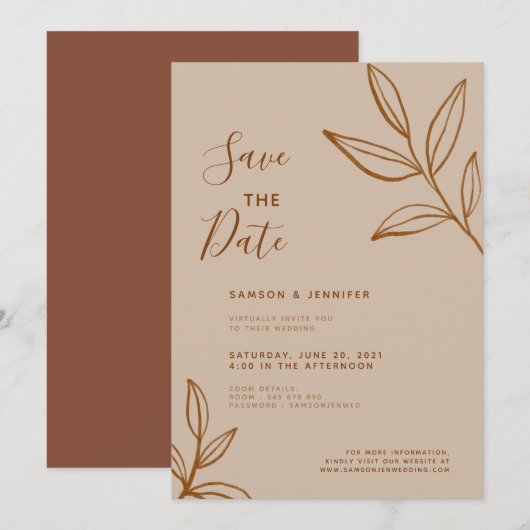Invitation Mariage Virtuel Terracotta Feuille Enregistrer la  (Devant / Derrière)