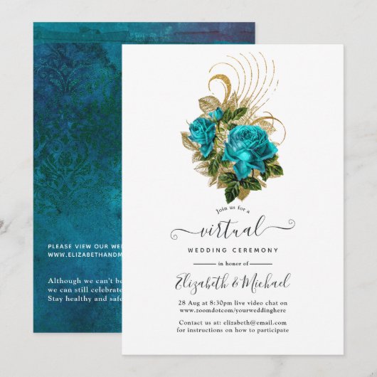 Invitation Mariage Virtuel Turquoise et Or Forêt de Minuit (Devant / Derrière)