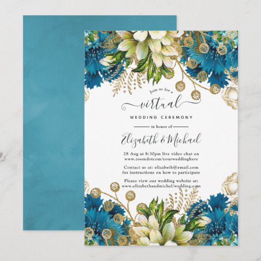 Invitation Mariage virtuel vintage Turquoise et Gold Shabby (Devant / Derrière)