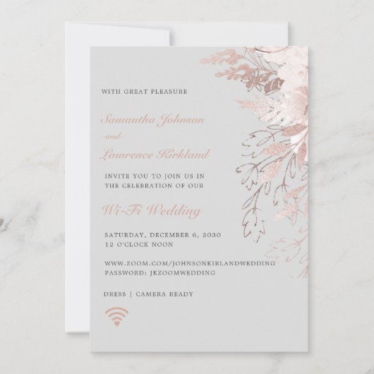 Invitation Mariage virtuel WiFi Zoom Dusty Rose gris floral (Devant)