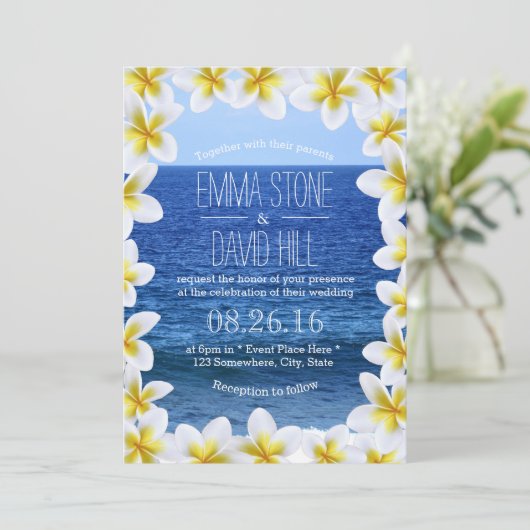 Invitation Mariage Vue sur Mer Cadre Floral de Plumeria Tropi (Debout devant)