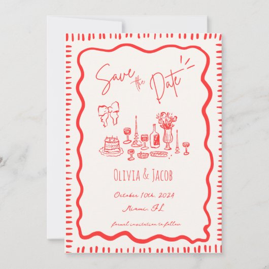 Invitation Mariage Wavy tiré main Whimsical Scribble Bow roug (Devant)
