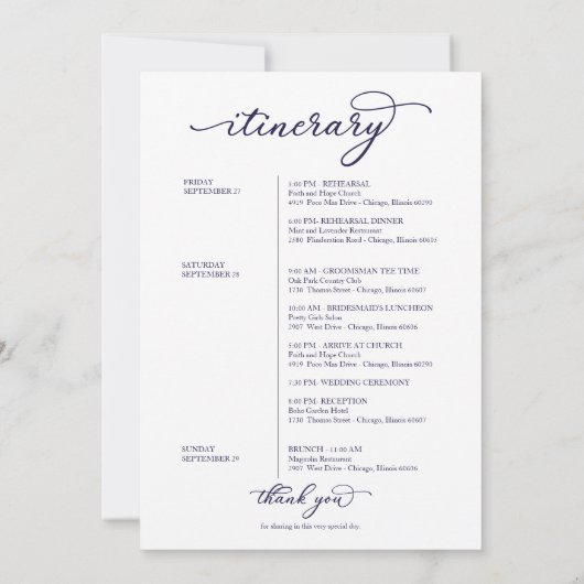 Invitation Mariage Week-end Bienvenue Itinéraire Chic Script (Dos)