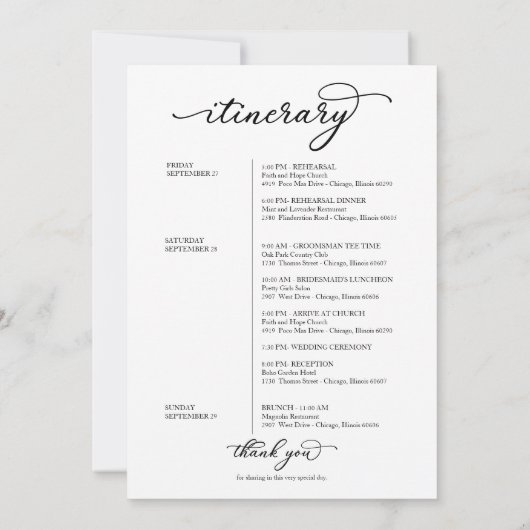 Invitation Mariage Week-end Bienvenue Itinéraire Chic Script (Dos)