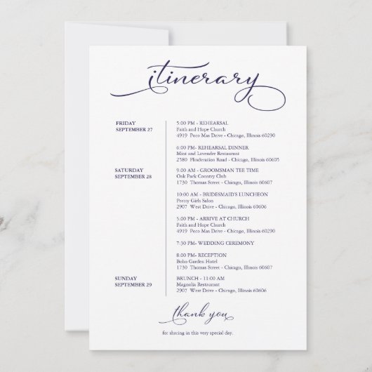 Invitation Mariage Week-end Itinéraire Élégant Script Bienven (Dos)