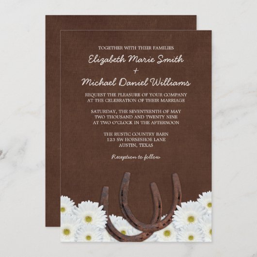 Invitation Mariage Western Horseshoe et Daisies (Devant / Derrière)