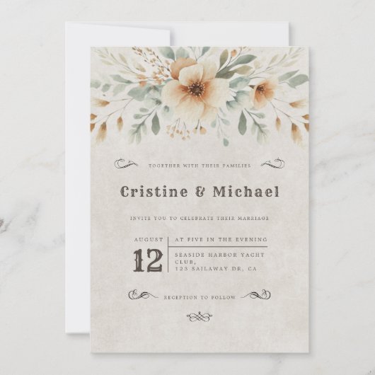 Invitation Mariage Western vintage fleurs d'aquarelle (Devant)