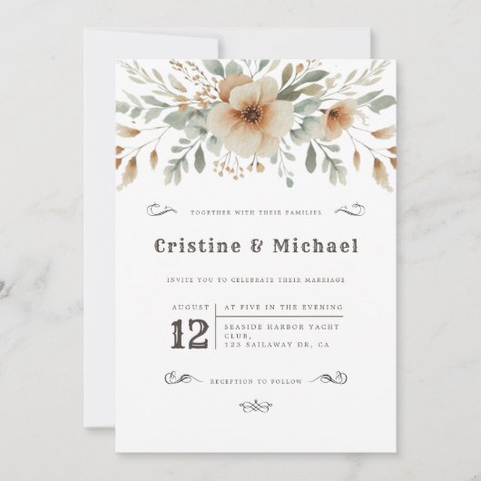 Invitation Mariage Western vintage fleurs d'aquarelle (Devant)