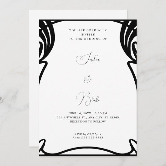 Invitation Mariage Whimsical Art Déco noir et blanc (Devant / Derrière)