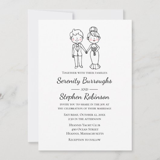 Invitation Mariage Whimsical Black White Bride (Devant)