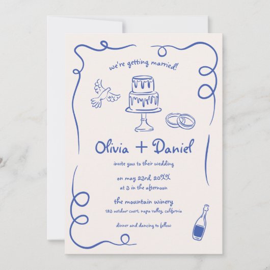 Invitation Mariage Whimsical Bleu-Main (Devant)