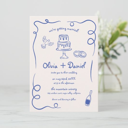 Invitation Mariage Whimsical Bleu-Main (Debout devant)