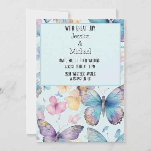Invitation Mariage Whimsical Blue Butterflies (Devant)