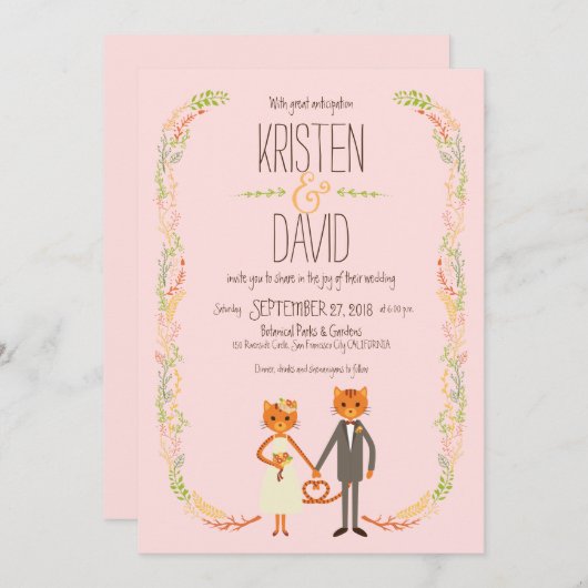 Invitation Mariage Whimsical Forest Cats (Blush) (Devant / Derrière)
