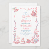 Invitation Mariage Whimsical Funky main tiré rose bleu (Devant / Derrière)