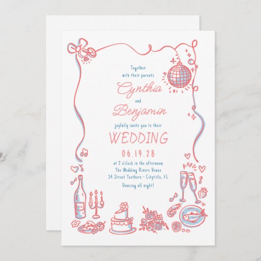 Invitation Mariage Whimsical Funky main tiré rose bleu (Devant / Derrière)