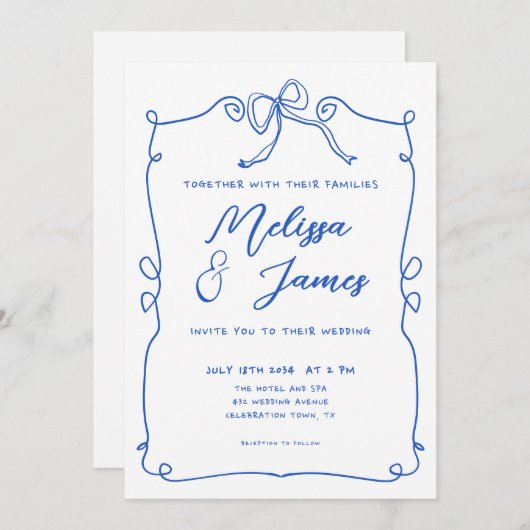 Invitation Mariage Whimsical Quirky Blue main tiré (Devant / Derrière)
