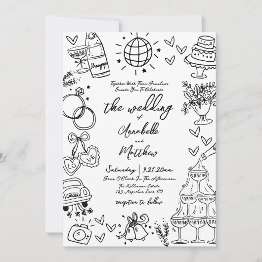 Invitation Mariage Whimsical Quirky tiré à la main (Devant)