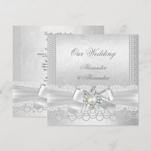 Invitation Mariage White Pearl Lace Damask Diamond Argent (Devant / Derrière)