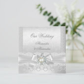 Invitation Mariage White Pearl Lace Damask Diamond Argent (Debout devant)