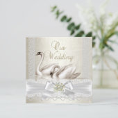 Invitation Mariage White Swans Crème Pearl Lace Damask SQ (Debout devant)