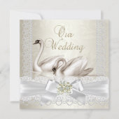 Invitation Mariage White Swans Crème Pearl Lace Damask SQ (Devant)