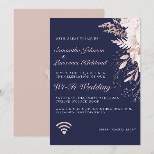Invitation Mariage WiFi virtuel Dusty Rose Floral Navy bleu (Devant / Derrière)