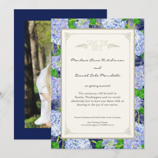 Invitation Mariages Art Déco Élégants Fleuris d'Hydrangea Ble (Devant / Derrière)