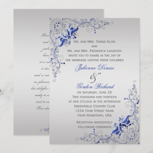 Invitation Mariages de tourbillons floraux d'argent bleu ora (Devant / Derrière)