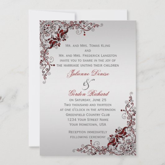 Invitation Mariages de tourbillons floraux d'argent et de rou (Devant)