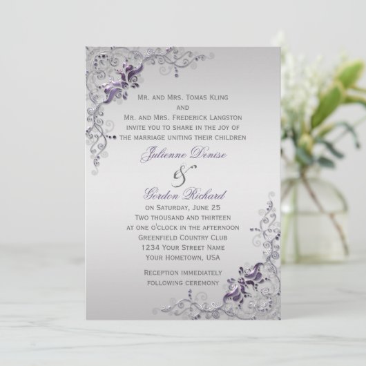 Invitation Mariages de tourbillons floraux d'argent violet or (Debout devant)