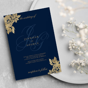 Invitation Mariages floral bleu marine or monogramme initiale