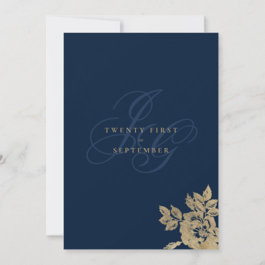 Invitation Mariages floral bleu marine or monogramme initiale (Dos)
