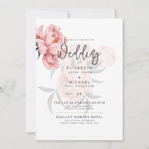 Invitation Mariages floraux de pivoines roses modernes Invita