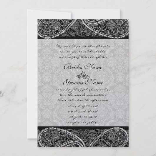 Invitation Mariages vintage Paisley Black Damask (Devant)