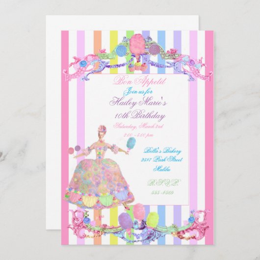 Invitation Marie Antoinette rayures de bonbons pastels frança (Devant / Derrière)