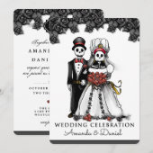 Invitation Marié rouge de jeune mariée de squelettes de (Devant / Derrière)