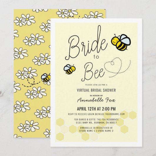 Invitation Mariée à abeille Fête des mariées virtuelle jaune (Devant / Derrière)