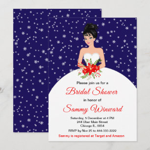 Invitation Mariée aux cheveux noirs Flocon de neige Bleu mari