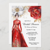 Invitation Mariée chinoise mariée or rouge fleurs jardin mari (Devant / Derrière)